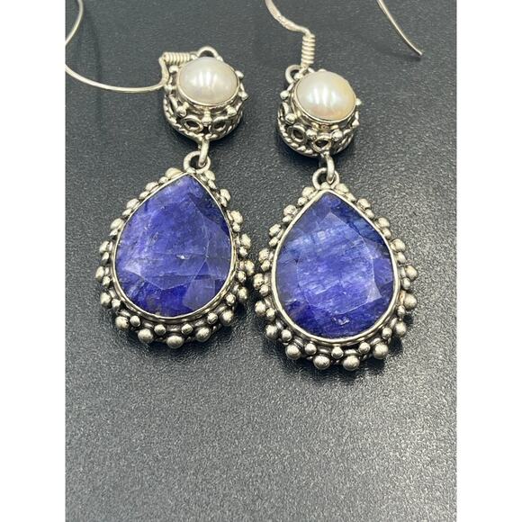India 925 sterling Faceted Lapis Lazuli White Fresh Water Pearl Cabochon Earring - Picture 14 of 16